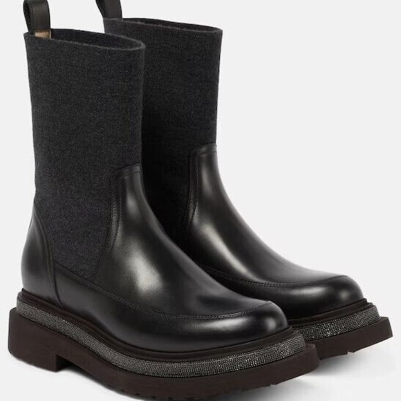 BRUNELLO CUCINELLI Leather Wool Lug-Sole Chelsea Boots Black Size 40